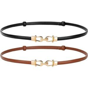 Leather Women Belt Thin Waist Belts up to 37 Inches with Golden Buckle 2 Pack